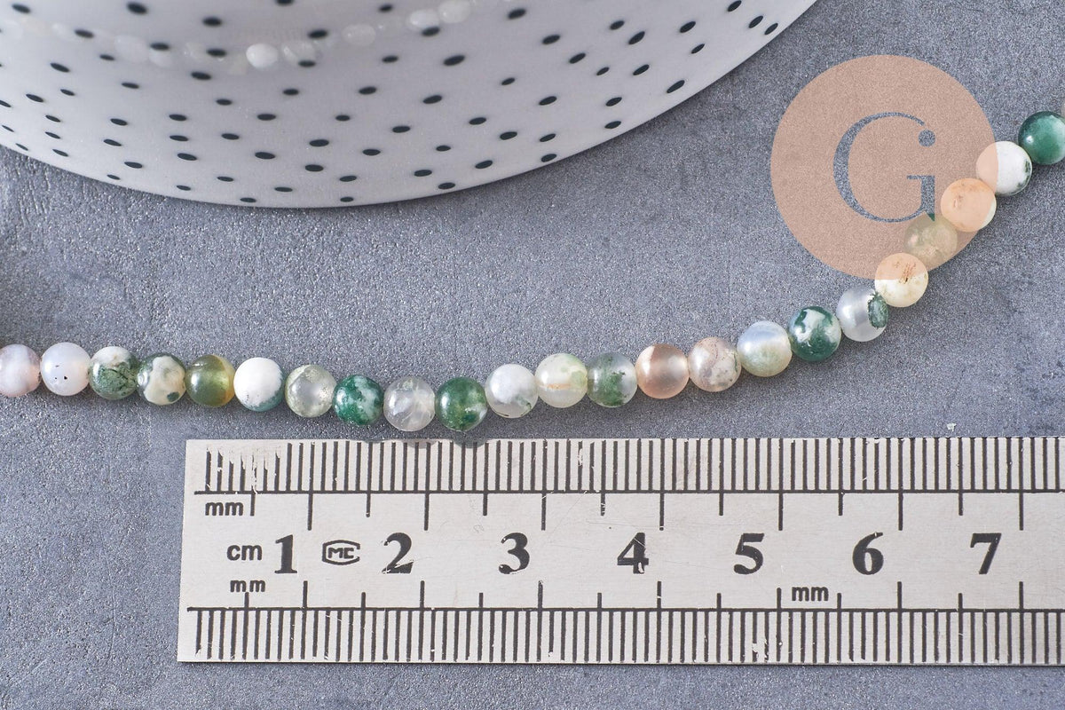 Perle ronde agate mousse naturelle 4mm, x1 fil de 90 perles (G1537)