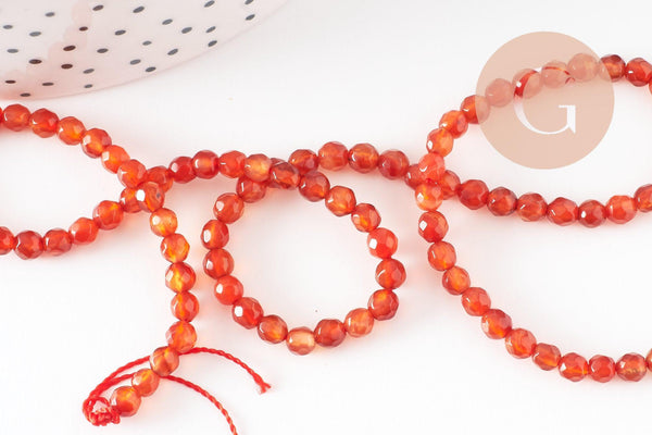 Perle ronde agate naturelle orange brique facettée 4mm, x1 fil de 90 perles(G2429)