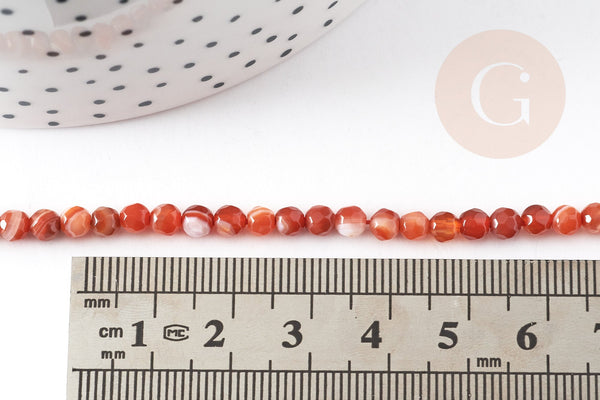 Perle ronde agate naturelle orange facettée 4mm, x1 fil de 35cm (G4481)