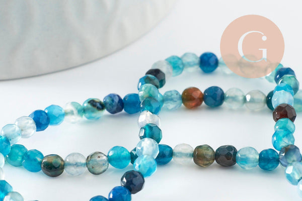 Perle ronde agate naturelle teintée bleu océan facettée 4mm, x1 fil de 37cm (G1527)