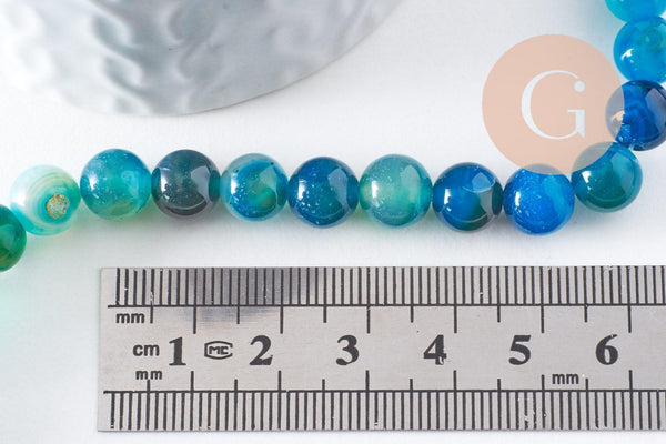 Perle ronde agate rayée bleu turquoise 8mm, x1 fil de 38cm (G3879)