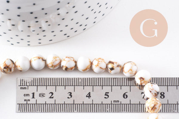 Perle ronde coquillage et turquoise blanche 8mm, perles pierre,turquoise synthétique, fil de 39.8cm, x1 (G3840)