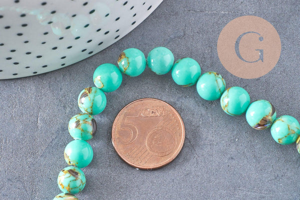 Perle ronde coquillage et turquoise bleu 8mm, perles pierre, turquoise synthétique, fil de 40cm x1 (G5387)