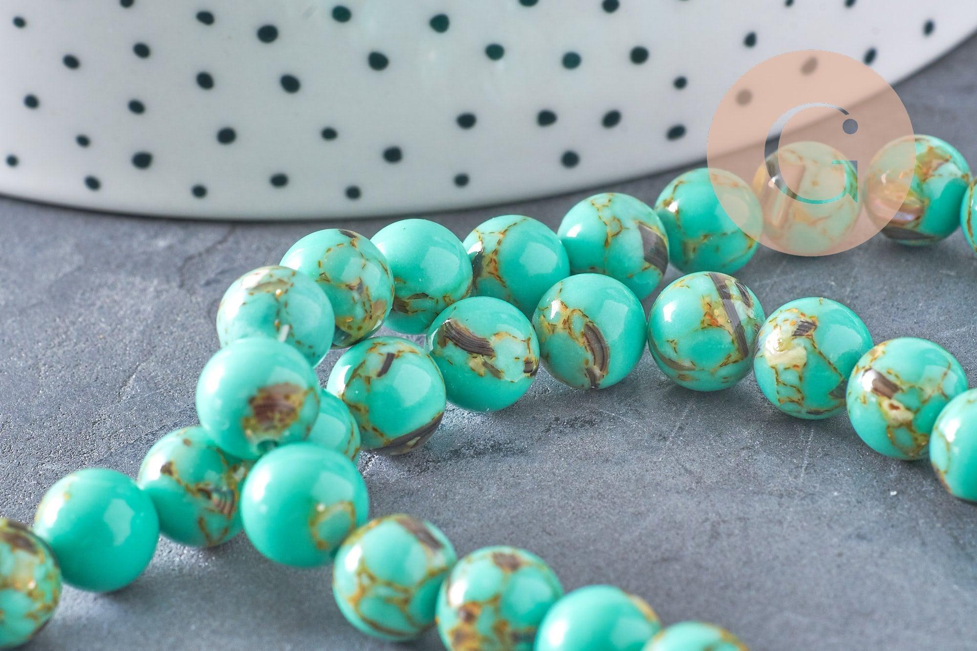 Perle ronde coquillage et turquoise bleu 8mm, x1 fil de 40cm (G5387)