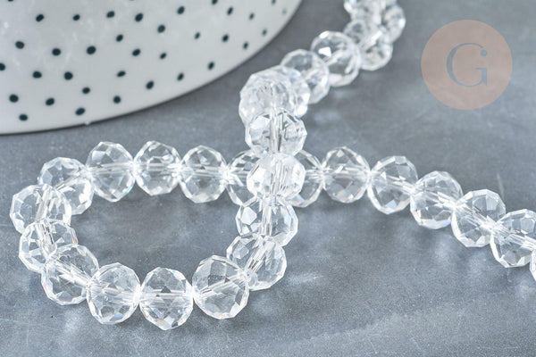 Perle ronde cristal facetté transparent 10mm, x1 fil de 46cm (G8145)