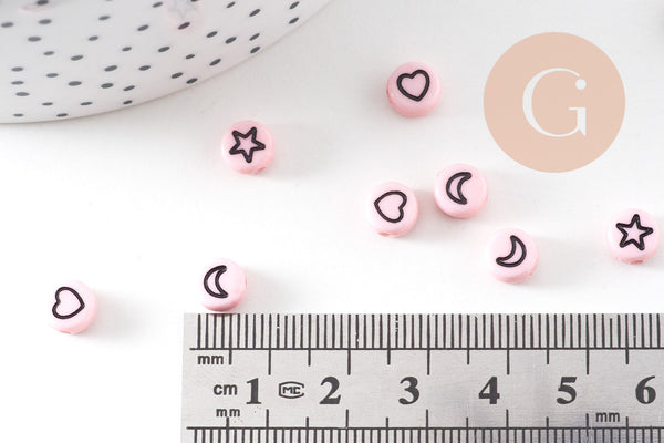 Perle ronde étoile nuage coeur lune plastique rose, x10 ou 50 grammes (G3284)