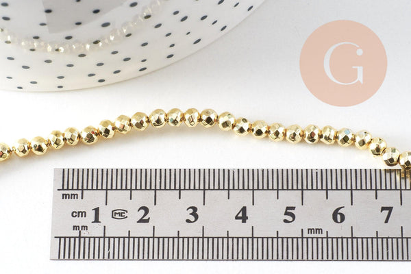 Perle ronde facette hématite dorée 4mm, perle hématite synthétique pierre, fil de 39cm, x1 (G6217)