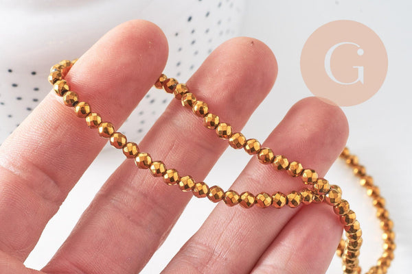 Perle ronde hématite dorée 4mm, une fourniture pierre, le fil de 39cm, x1 (G3684)