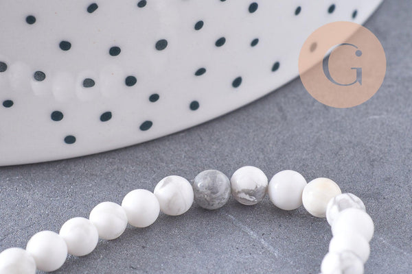 Perle ronde howlite blanche, pierre naturelle,howlite naturelle,perle pierre,4mm,fil de 19cm, x1 (G2448)