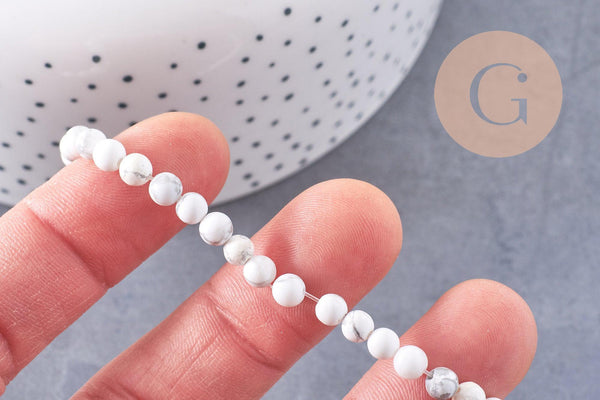 Perle ronde howlite blanche, pierre naturelle,howlite naturelle,perle pierre,4mm,fil de 19cm, x1 (G2448)