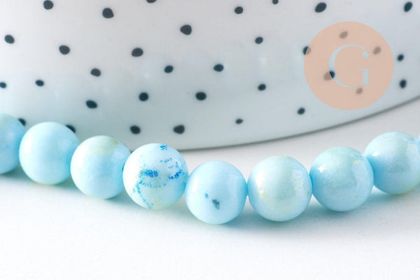 Perle ronde jade naturel turquoise et or 8mm, x1 fil de 40cm (G5211)