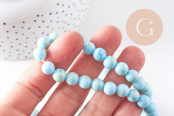 Perle ronde jade naturel turquoise et or 8mm, x1 fil de 40cm (G5211)