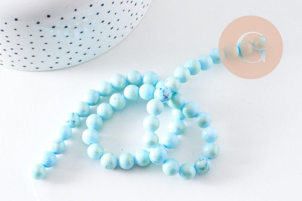 Perle ronde jade naturel turquoise et or 8mm, x1 fil de 40cm (G5211)