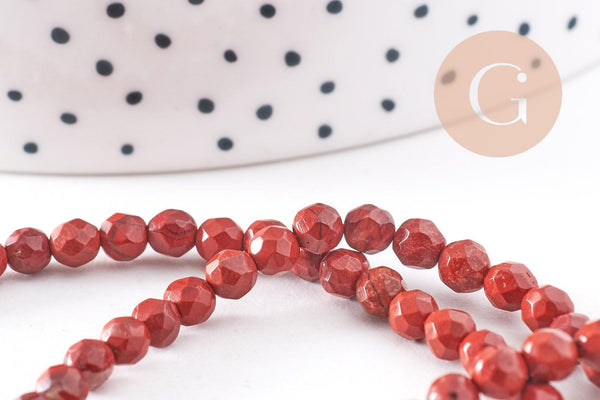 Perle ronde jaspe rouge naturel AB+ facettes 4mm, x1 fil de 37cm (G1173)