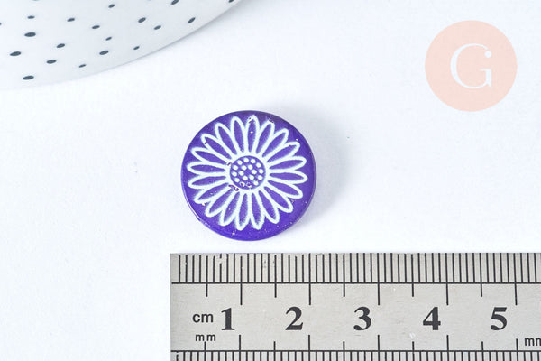 Perle ronde motif fleur marguerite bleue nacre 19.5mm, création bijou nacre, x1 (G6981)