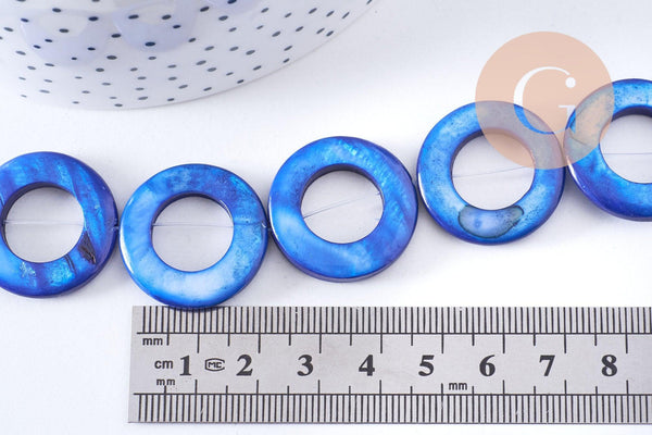 Perle ronde nacre bleue naturelle 24mm, perle disque coquillage bleu, coquillage bleu, fil de 36 cm x1 (G5846)