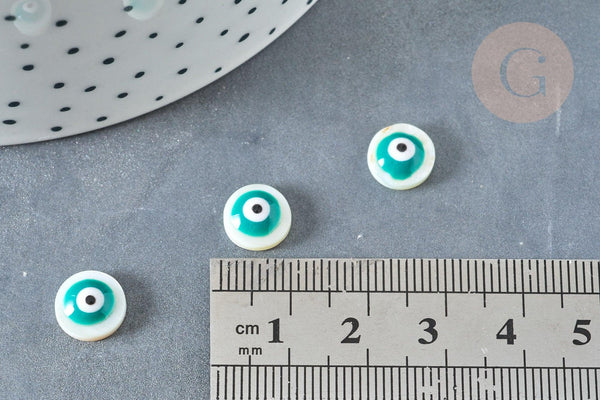 Perle ronde nacre naturelle blanche turquoise mauvais oeil 8.5-9mm, x10 (G1961)