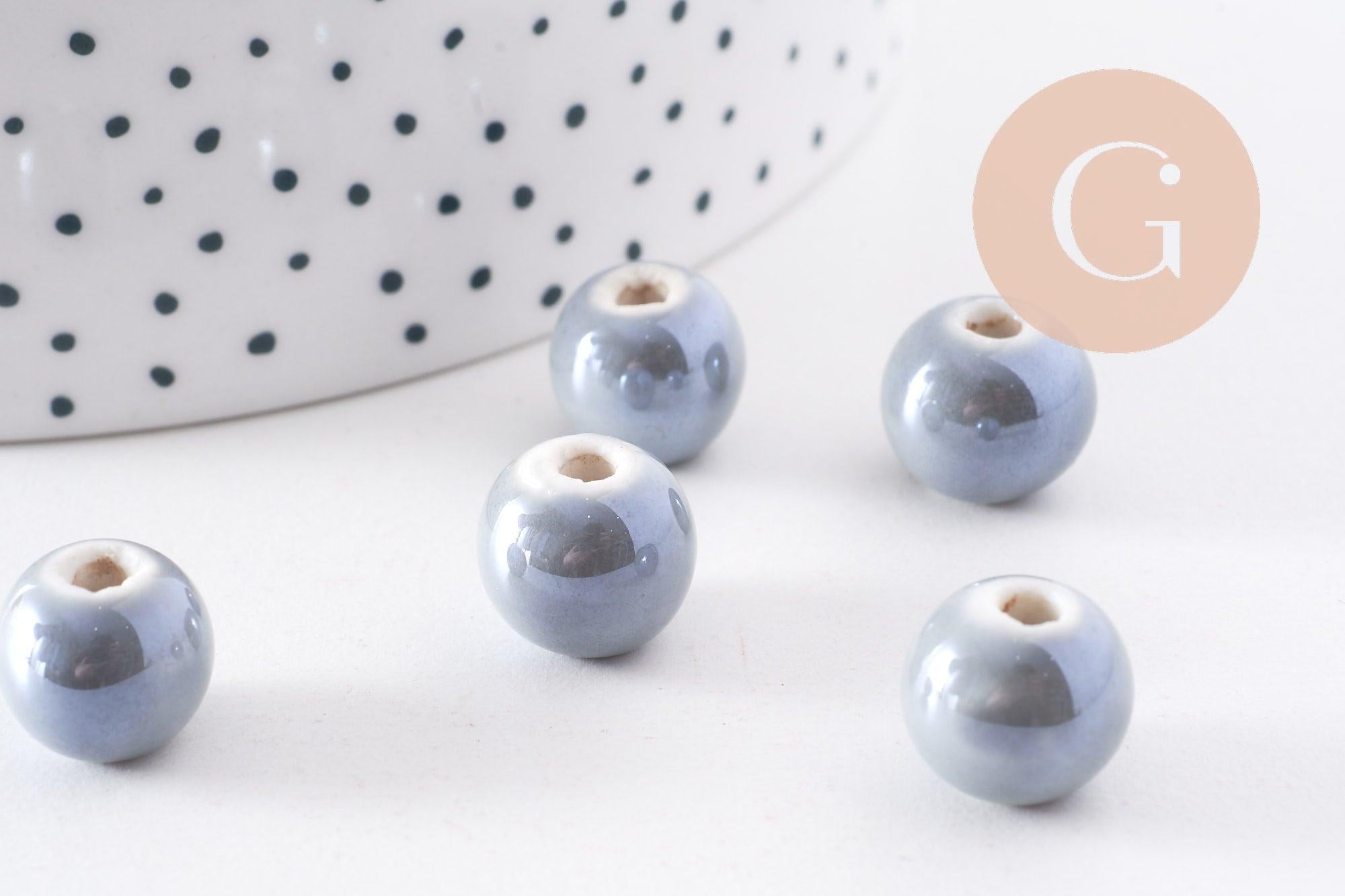 Perle ronde porcelaine gris clair,perle céramique, perle ronde, 1.2cm, x5 (G3199)