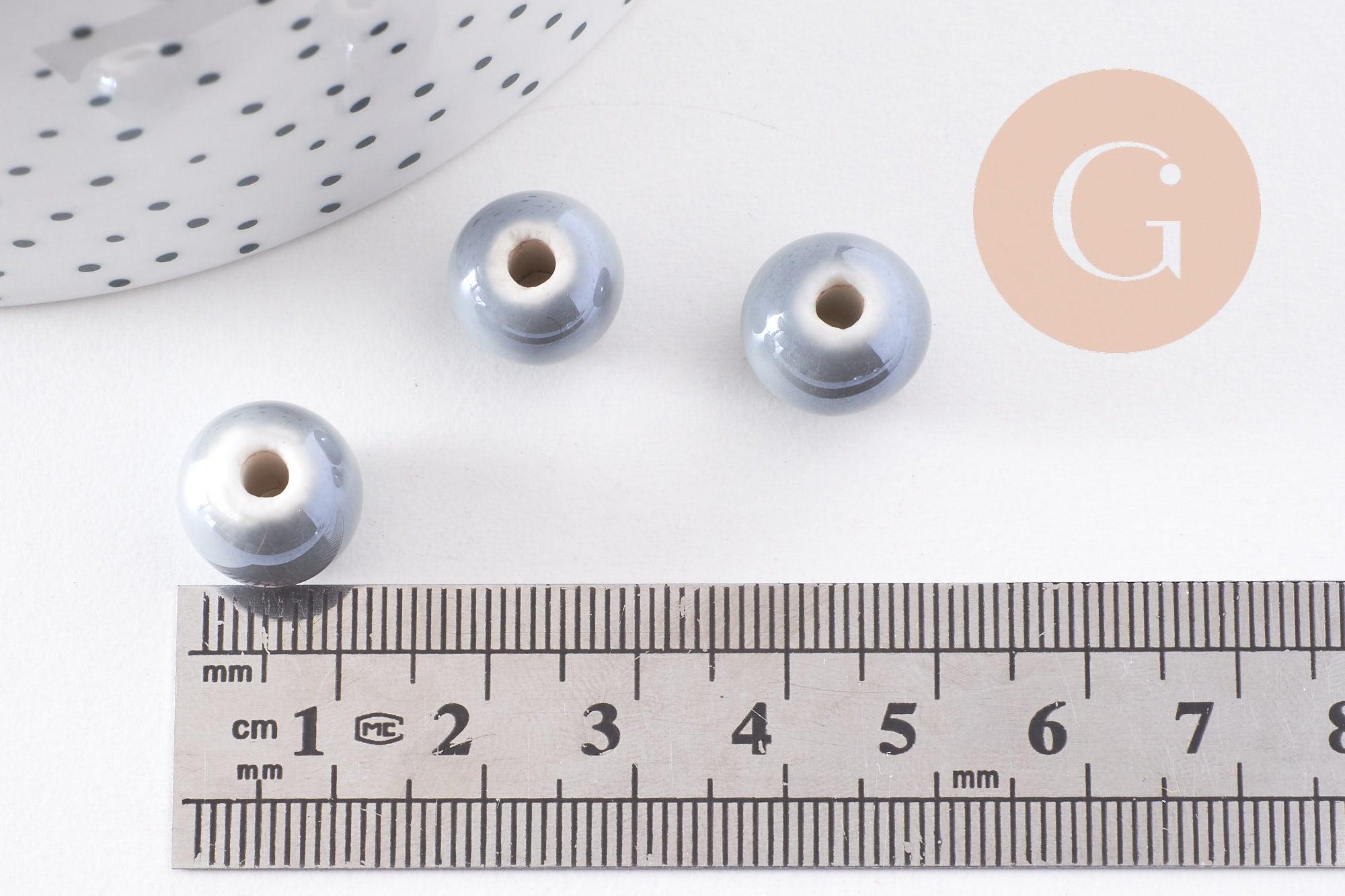 Perle ronde porcelaine gris clair,perle céramique, perle ronde, 1.2cm, x5 (G3199)