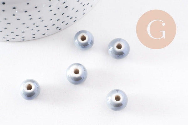 Perle ronde porcelaine gris clair,perle céramique, porcelaine grise, perle ronde, 1.2cm, x5 G3199