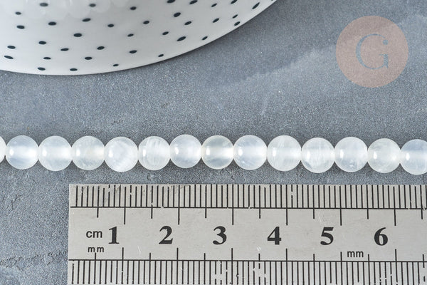 Perle ronde selenite blanche 6mm, pierre blanche naturelle, fil de 40cm, x1 G7331