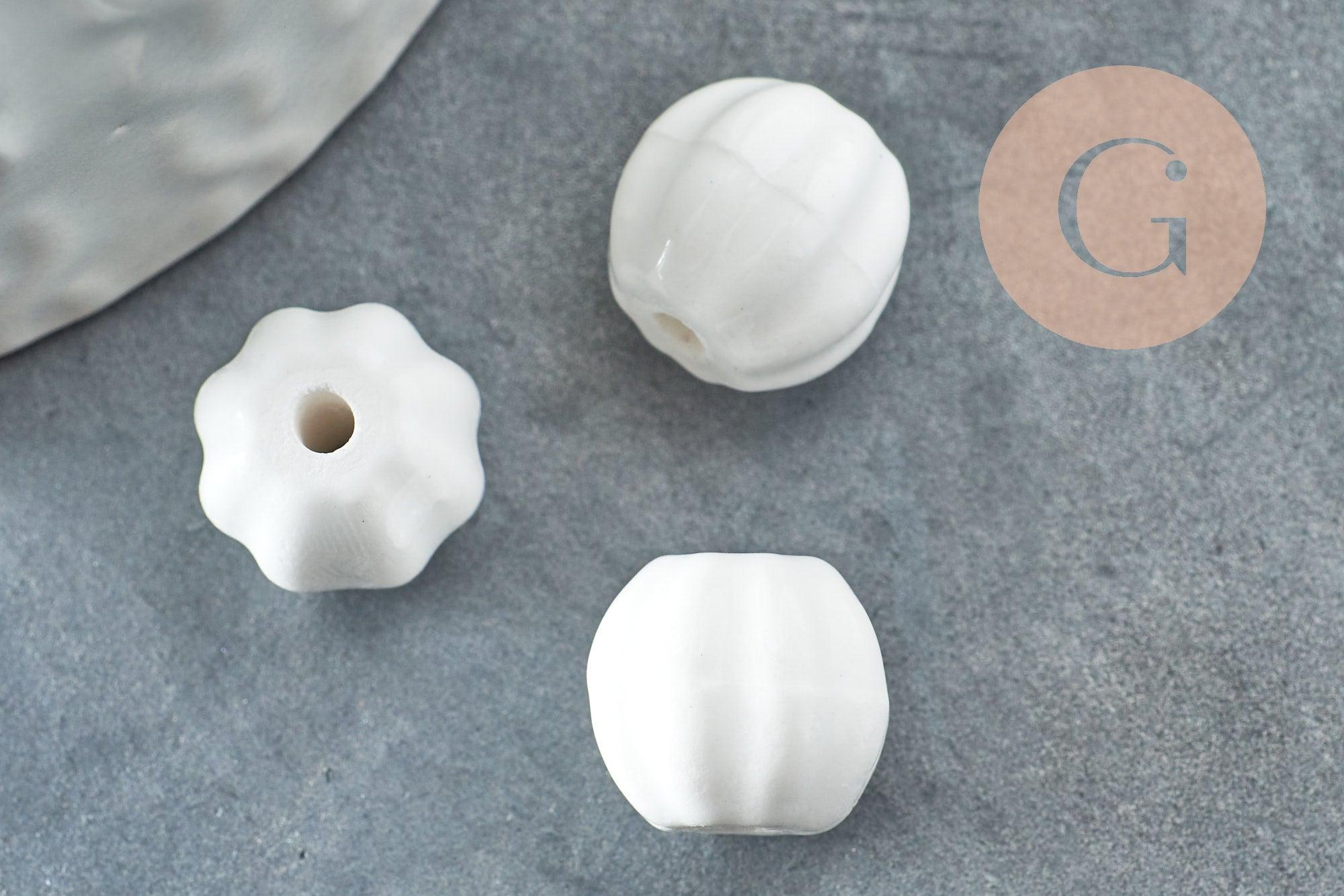 Perle porcelaine blanche 13mm, perle striées,perle céramique, céramique blanche, x10 (G7400)