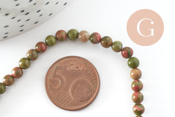 Perle ronde unakite naturelle 4mm, x1 fil de 37cm (G3807)
