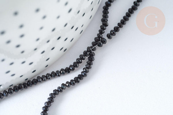 Perle ronde verre facettée noire 2mm, fourniture DIY, fil de 37cm, x1 (G7398)