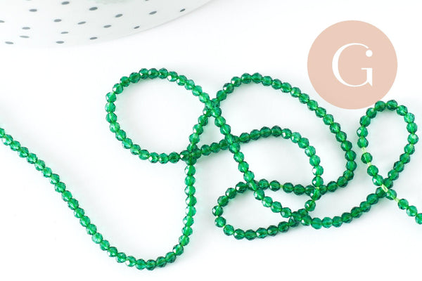 Perle ronde verre facettée transparente vert foncé 2mm, fourniture création de bijoux DIY, fil de 37cm, x1 (G7393)