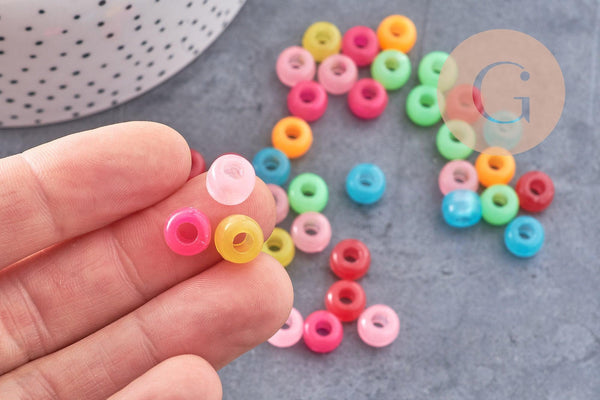 Perle rondelle en plastique translucide multicolore 9mm , perle phosphorescente, couleurs mélangées, x50 (12.9G) (G9307)