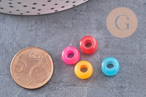 Perle rondelle en plastique translucide multicolore 9mm , perle phosphorescente, couleurs mélangées, x50 (12.9G) (G9307)