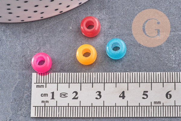 Perle rondelle en plastique translucide multicolore 9mm , perle phosphorescente, couleurs mélangées, x50 (12.9G) (G9307)