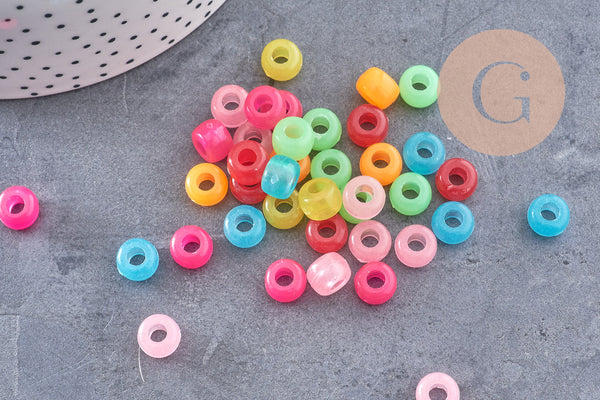 Perle rondelle en plastique translucide multicolore 9mm , perle phosphorescente, couleurs mélangées, x50 (12.9G) (G9307)
