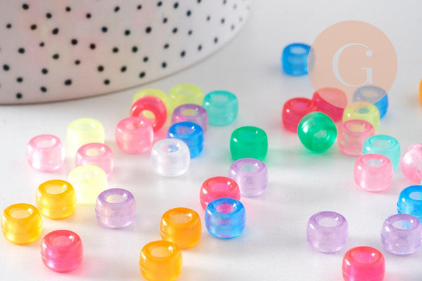Perle rondelle en plastique translucide phosphorescente multicolore 9mm, x50 (G6404)
