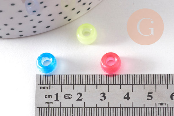 Perle rondelle en plastique translucide phosphorescente multicolore 9mm, x50 (G6404)