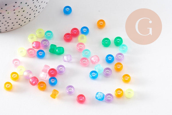 Perle rondelle en plastique translucide phosphorescente multicolore 9mm, x50 (G6404)