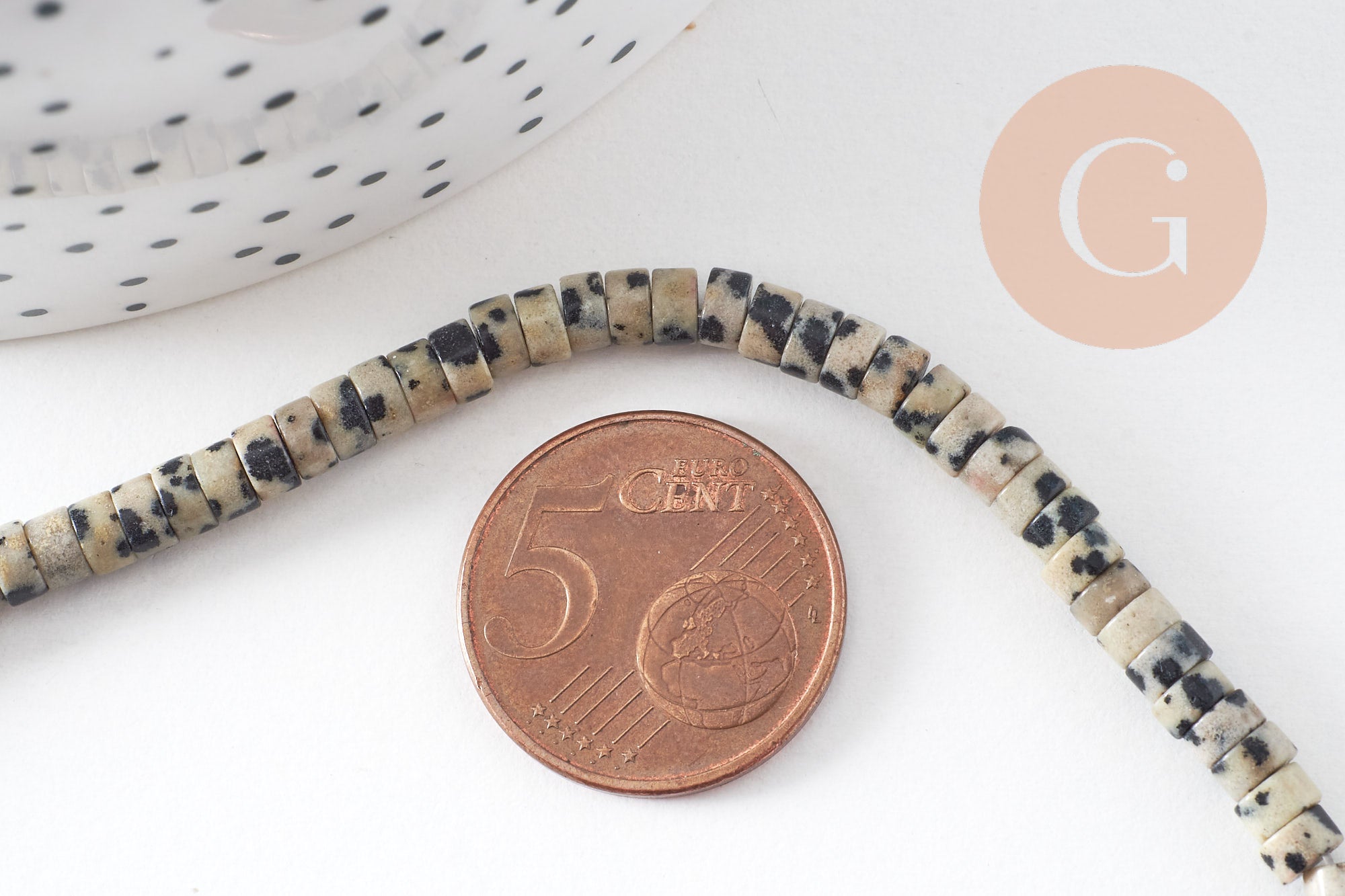 Perle rondelle heishi jaspe Dalmatien naturel 4.5mm, x1 fil de 38cm (G2773)