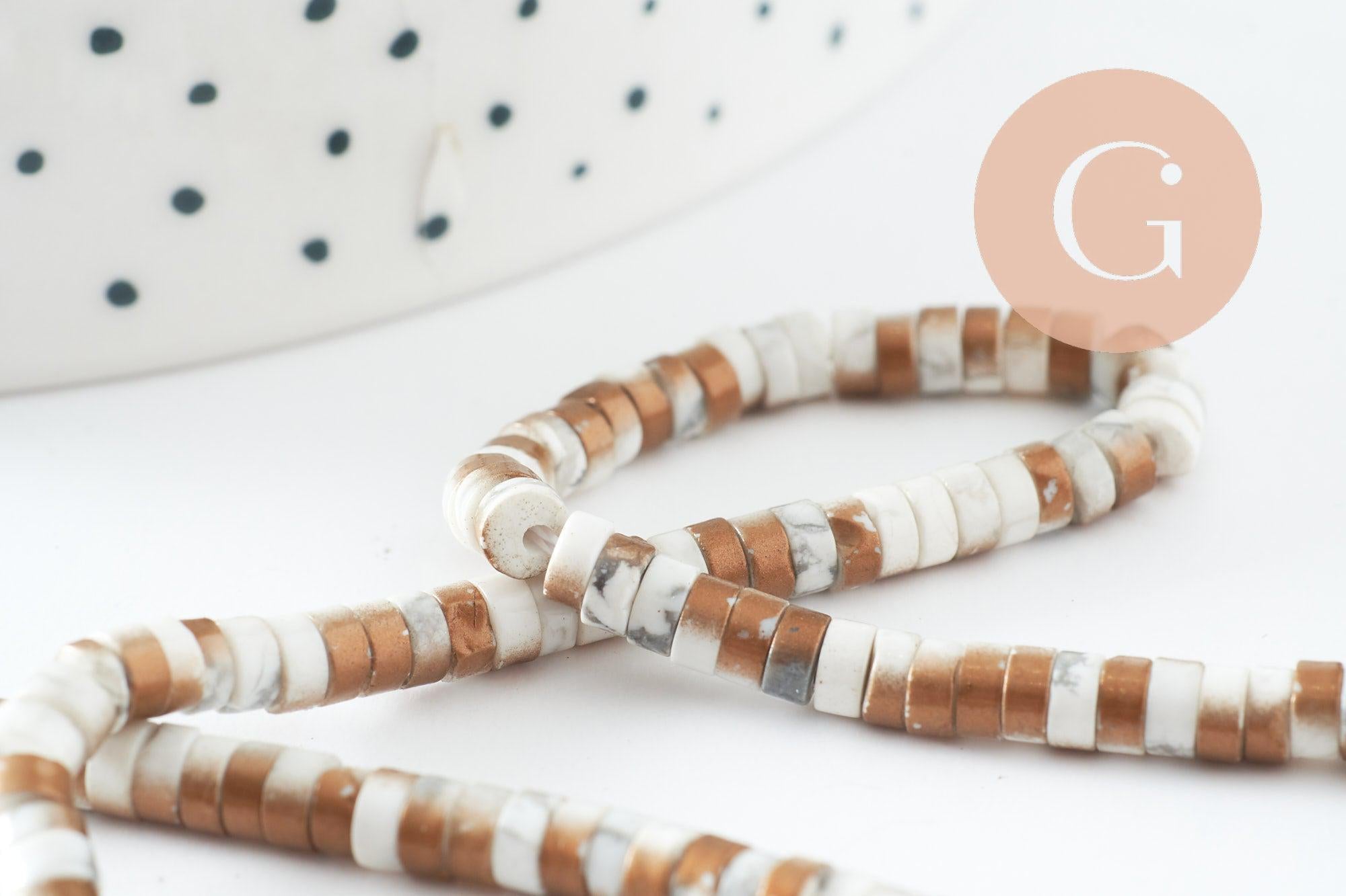 Perle rondelle howlite naturelle blanc et or 4mm, x1 fil de 39cm (G9851)