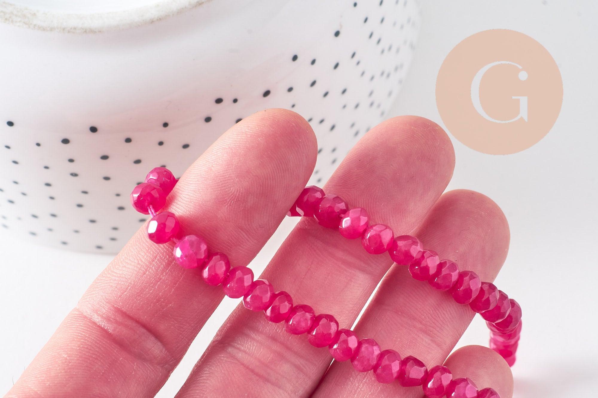 Perle rondelle jade naturel rose fuchsia facettes 6x4mm, x1 fil de 32cm (G4706)