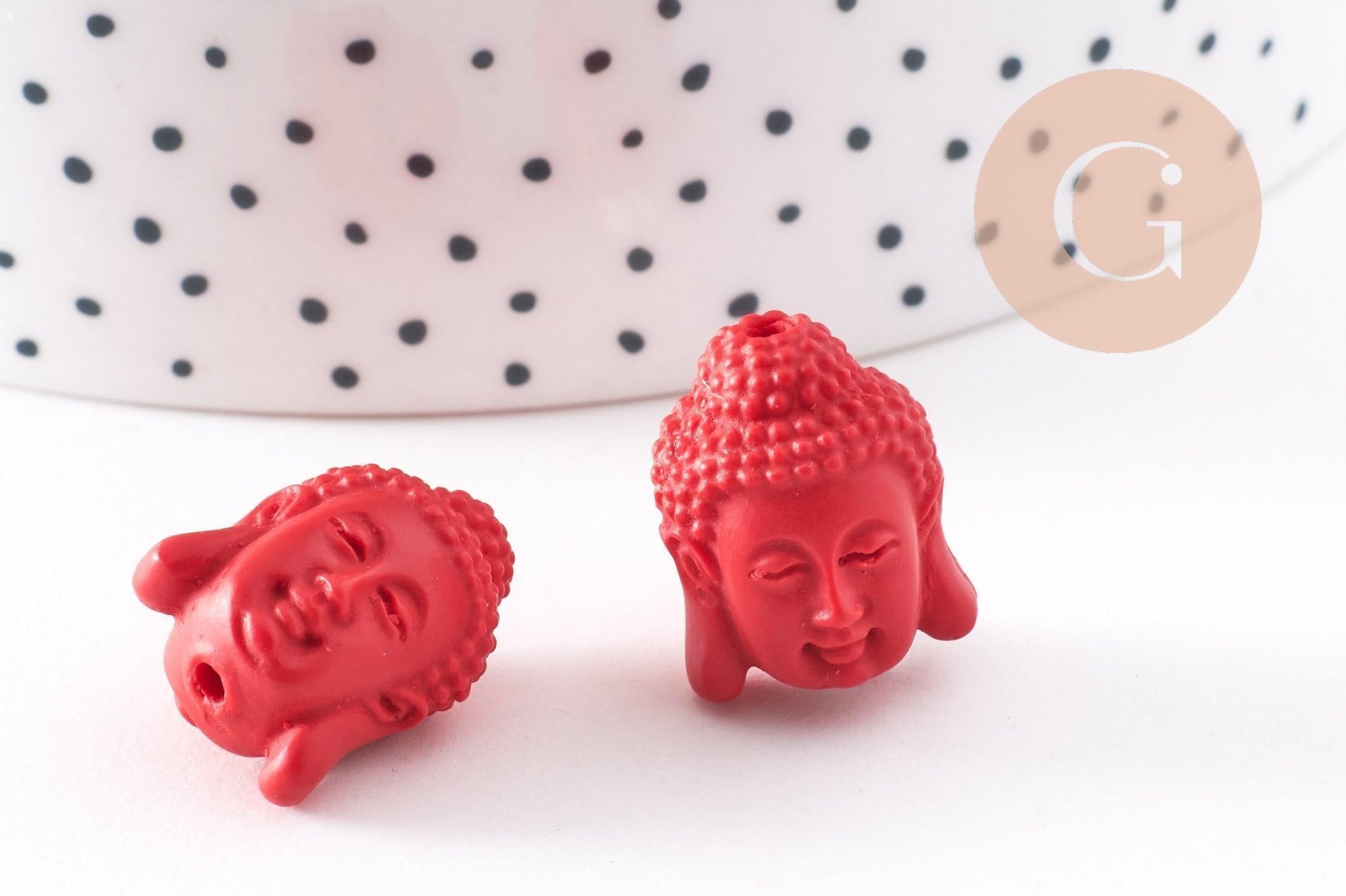 Perle tête de Bouddha résine rouge, perle inde bouddhisme spiritualité,perle voyage inde,18mm, x2 (G4167)