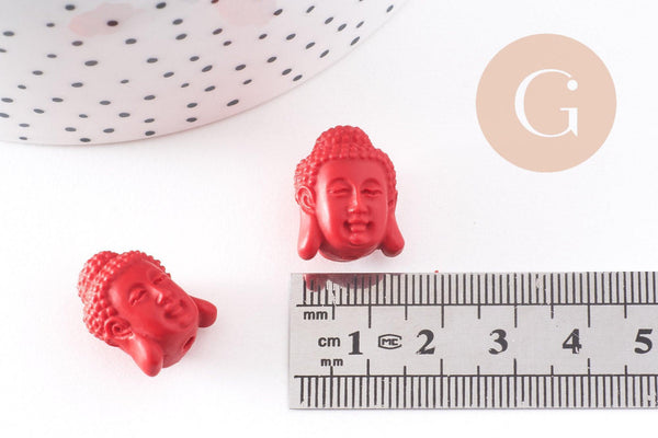 Perle tête de Bouddha résine rouge, perle inde bouddhisme spiritualité,perle voyage inde,18mm, x2 (G4167)