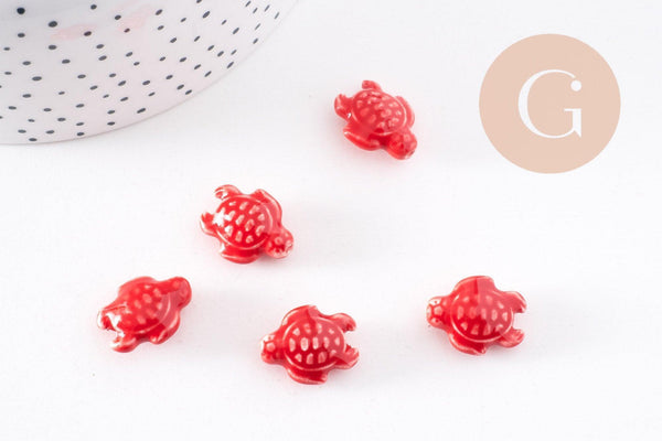 Perle tortue porcelaine rouge 12mm, perle céramique, fabrication bijoux animal, x5 G3906