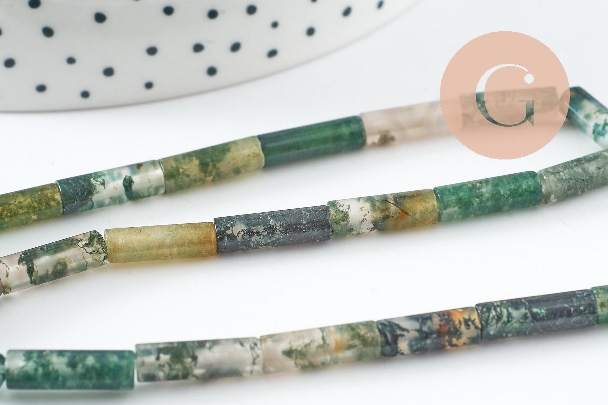 Perle tube agate mousse naturelle 13-14mm, x1 fil de 40cm (G2545)