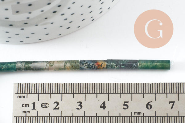 Perle tube agate mousse naturelle 13-14mm, x1 fil de 40cm (G2545)