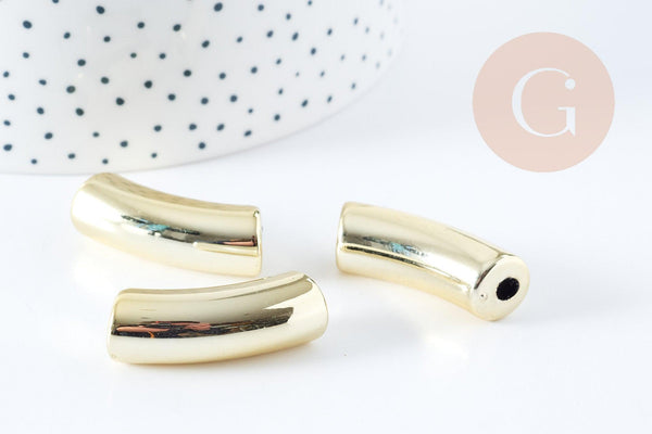 Perle tube incurvé plastique doré 33x10.5mm, perle création bijoux plastique doré,x 6 perles (G10839)