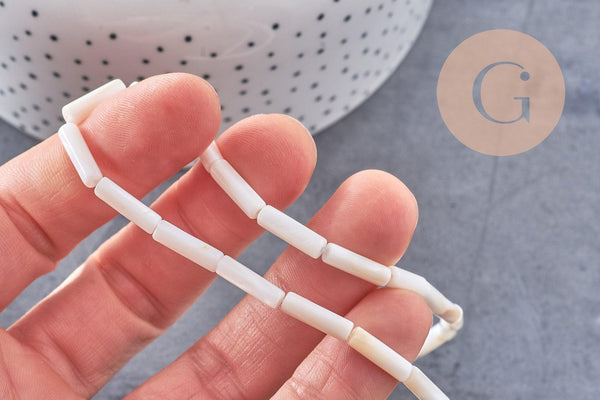 Perle tube nacre blanche naturelle 13x4mm, x1 fil de 39cm (G5608)