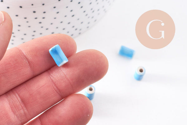 Perle tube porcelaine bleu 10mm, x5 (G2348)