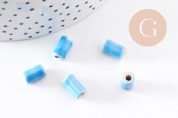 Perle tube porcelaine bleu 10mm, x5 (G2348)