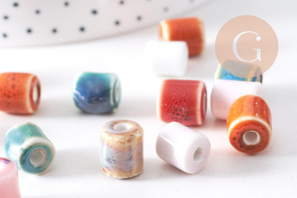 Perle tube porcelaine émaillé antique 10mm, x5 (G10305)