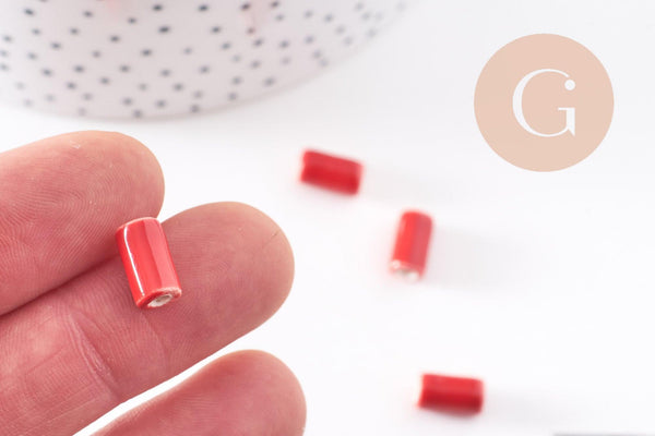 Perle tube porcelaine rouge vif 10mm, x5 (G2352)